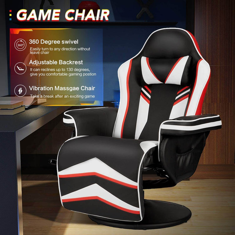 Gaming Chair Recliner Ergonomic Racing Chair with Vibration Massage Adjustable Backrest and Footrest, Swivel Faux Leather Office Chair, White
