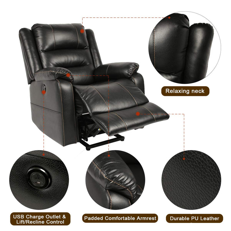 Power Lift Chair Faux Leather Electric Recliner for Elderly, Heated Vibration Massage Sofa with Side Pockets, USB Charge Port & Remote Control, Black