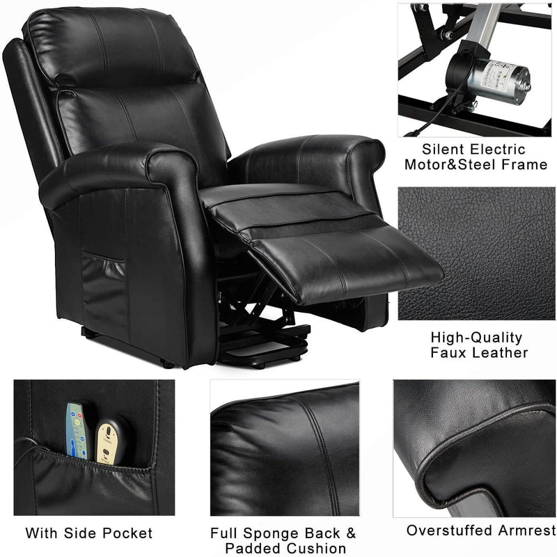 Electric Power Lift Recliner Chair, Faux Leather Electric Recliner for Elderly with Heated Vibration Massage, Side Pocket & Remote Control, Black