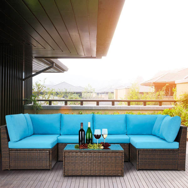 7 Pcs Patio Furniture Set, Wicker Rattan Conversation Sets, Outdoor Small Sectional Sofa Set, Blue Cushion