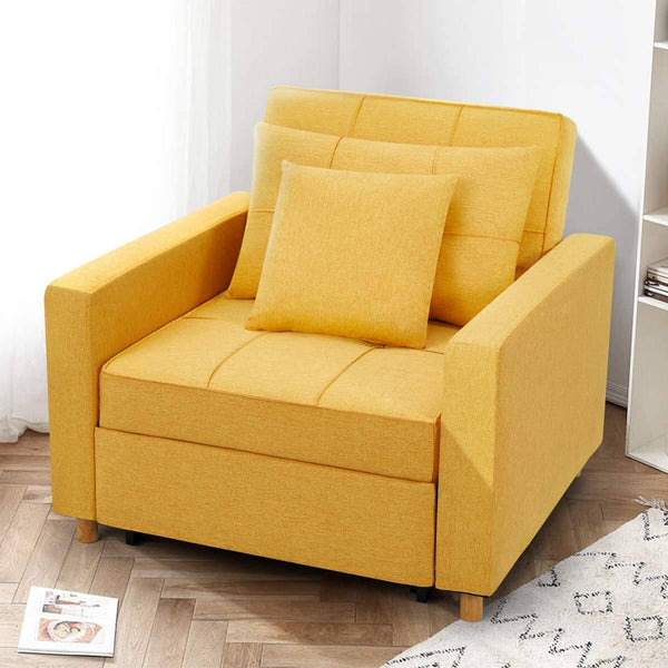 Sofa Bed 3-in-1 Convertible Chair Multi-Functional Adjustable Recliner, Sofa, Bed, Modern Linen Fabric, Yellow