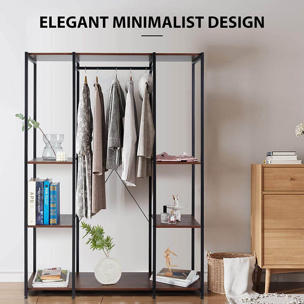 Garment Rack Freestanding Heavy Duty Closet Organizer Wardrobe Wood Clothing Shelves w/ Hanging Rod, Extra Large Armoire Storage Metal Clothing Rack