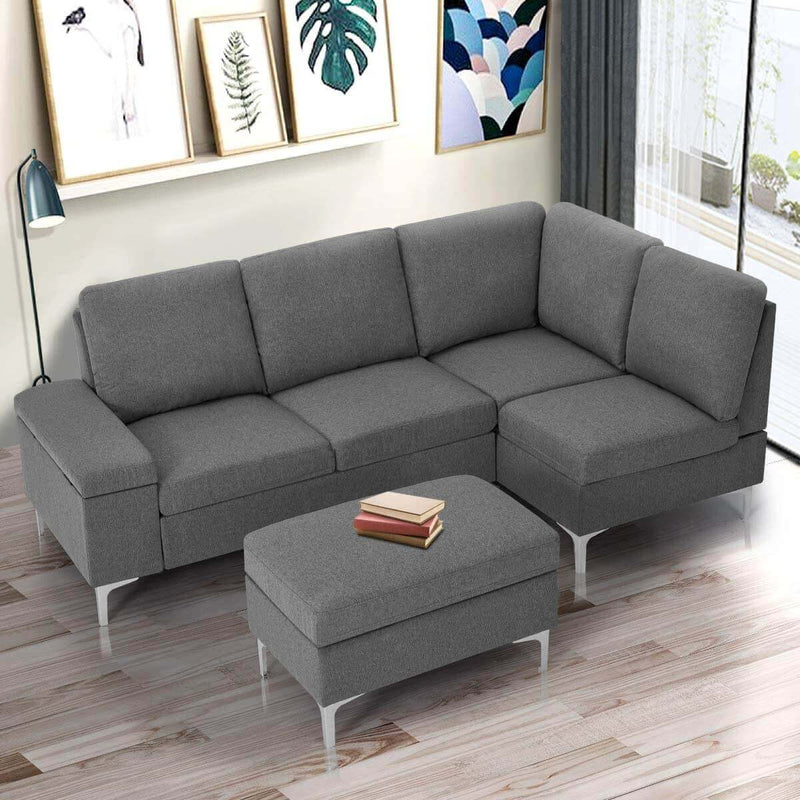 Convertible Sectional Sofa Couch with Ottoman, Sofa Armrest with Storage Function, L-Shaped Sofa with Gray Linen Fabric, for Living Room or Apartment (Right)