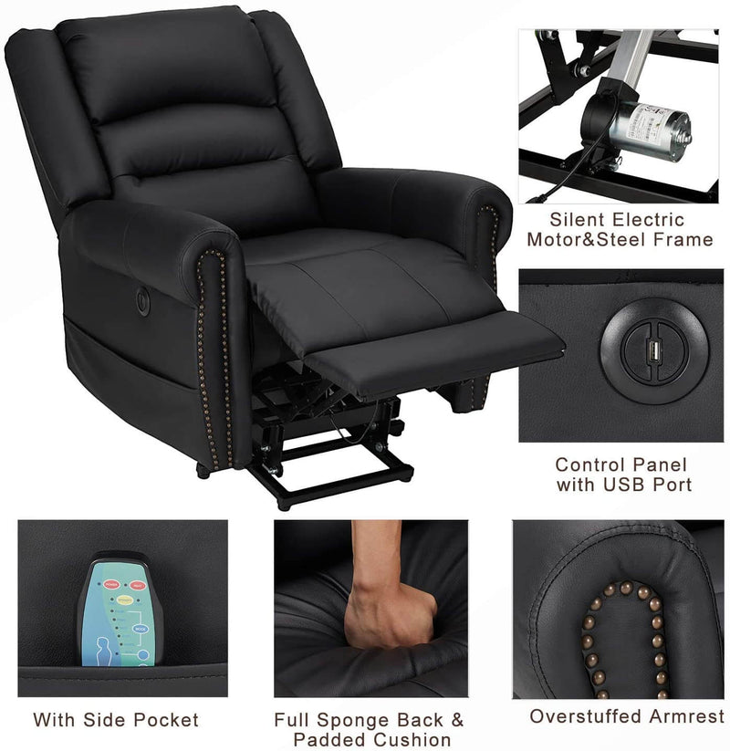 Power Lift Recliner Chair for Elderly, Faux Leather with Rivet Design Electric Recliner Chair with Heated Vibration Massage, Side Pockets & USB Port, Black