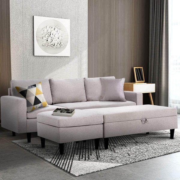 Sectional Sofa with Ottoman and Chaise Lounge, 3-Seat Living Room Furniture Sets, L-Shape Couch Sofa for Living Room,Light Gray