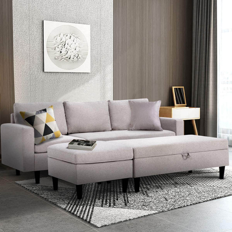 Sectional Sofa with Ottoman and Chaise Lounge, 3-Seat Living Room Furniture Sets, L-Shape Couch Sofa for Living Room,Light Gray