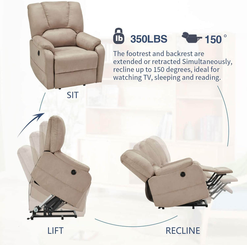 Electric Power Lift Recliner Chair Sofa with Massage and Heat for Elderly, Microfiber Recliner Chair with Side Pockets & USB Port, Beige