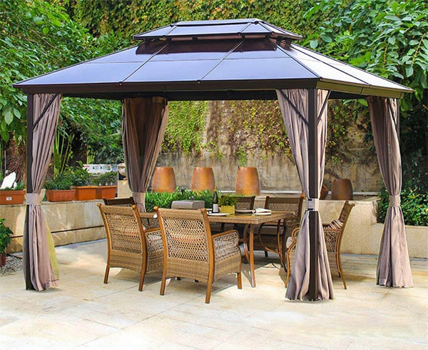 Patio Hardtop Gazebo, 10 x 13ft Double Roof Gazebos Aluminum Gazebo with Netting & Curtains