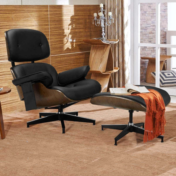 Mid Century Lounge Chair with Ottoman, Classic Lounge Chair Premium Faux Leather with Light Vibration Massage Function and Storage Bag（Black）