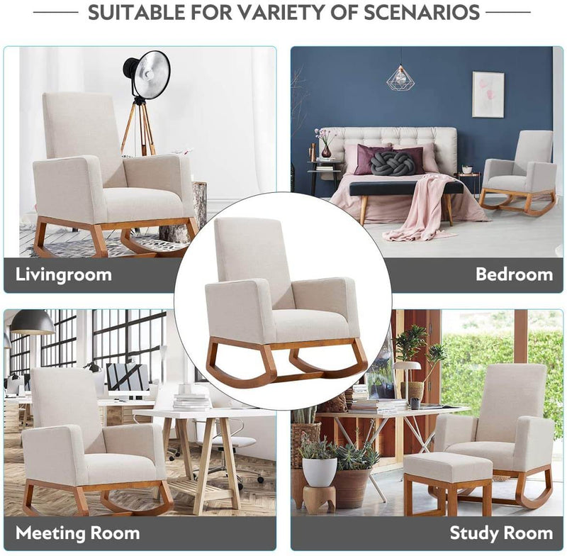 Rocking Chair, Mid Century Accent Chair, Glider Rocker with Ottoman,Seat Wood Base, High Back Linen Armchair, Beige