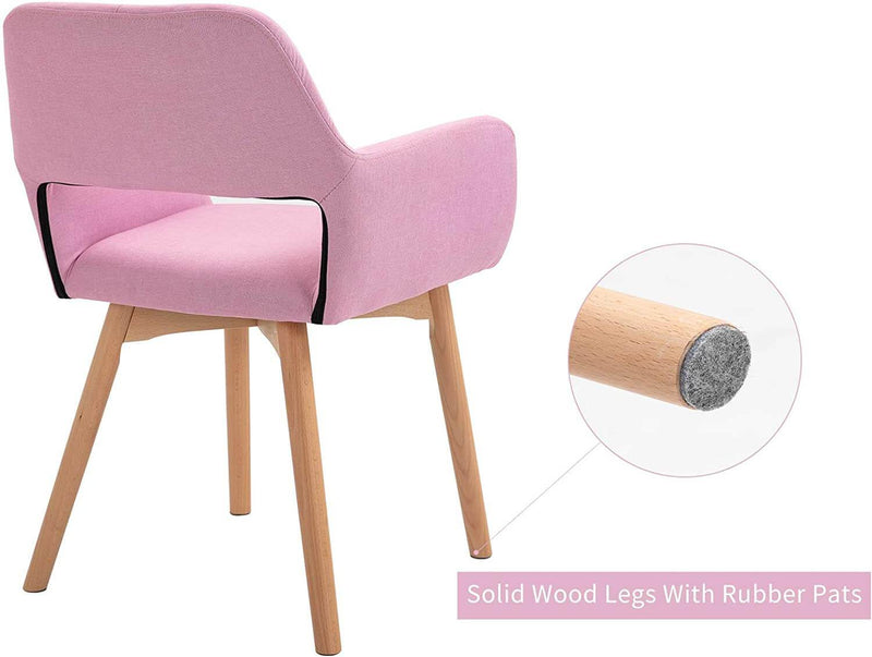 Modern Living Dining Room Accent Arm Chairs, Fabric Mid-Century Upholstered Seat with Solid Wood Legs, Pink