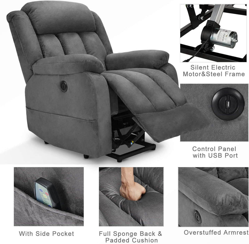 Gray Power Lift Chair Electric Recliner Sofa for Elderly, Microfiber Electric Recliner Chair with Heated Vibration Massage, Side Pocket and USB Port, Gray