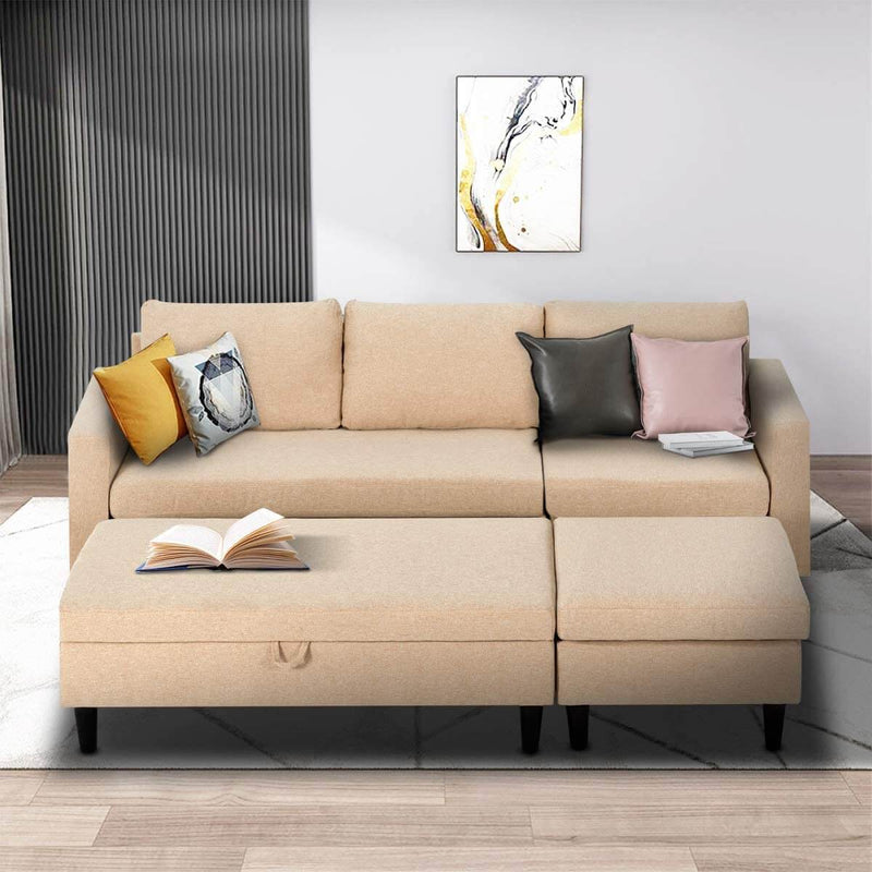 Sectional Sofa with Ottoman and Chaise Lounge, 3-Seat Living Room Furniture Sets, L-Shape Couch Sofa for Living Room, Light Beige