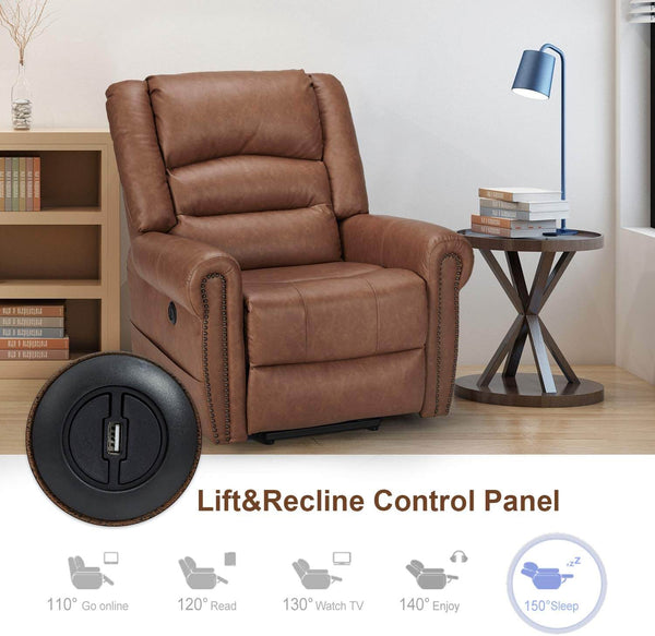 Power Lift Recliner Chair for Elderly, Faux Leather with Rivet Design Electric Recliner Chair with Heated Vibration Massage, Side Pockets & USB Port, Saddle Brown