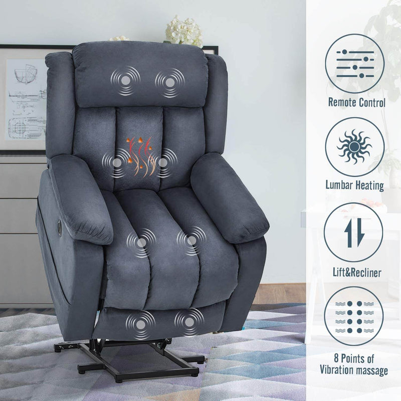 Power Lift Chair Electric Recliner Sofa for Elderly, Microfiber Electric Recliner Chair with Heated Vibration Massage, Side Pocket and USB Port, Blue Gray