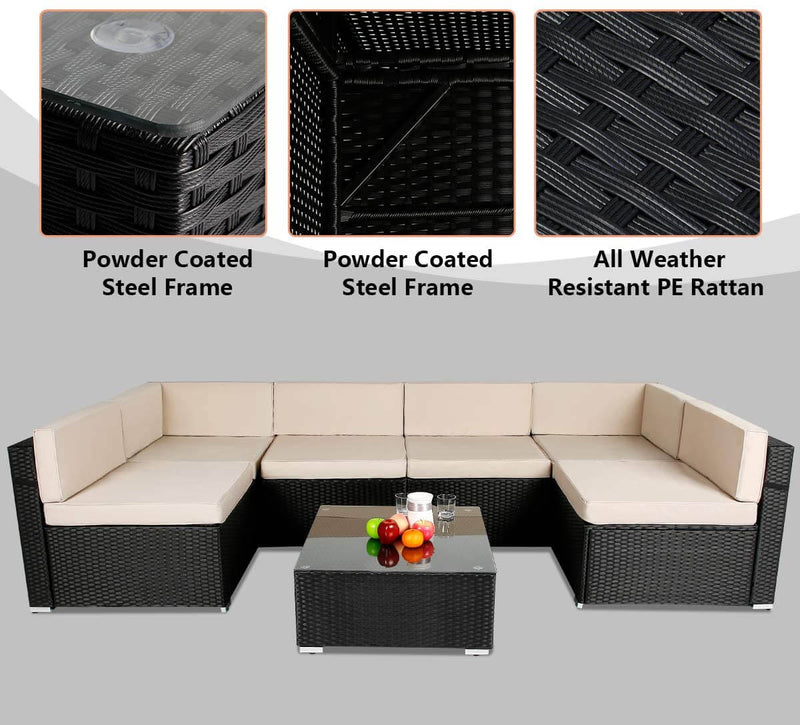 7 Piece Outdoor Patio Furniture Set, PE Rattan Wicker Sofa Set, Outdoor Sectional Furniture Chair Set with Cushions and Tea Table, Black