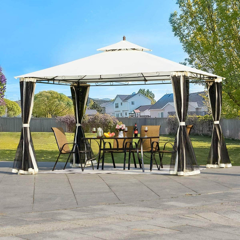 10 x 12 FT Double-Roof Softtop Gazebo Canopy, Outdoor Steel Frame Gazebo with Mosquito Netting, Cream