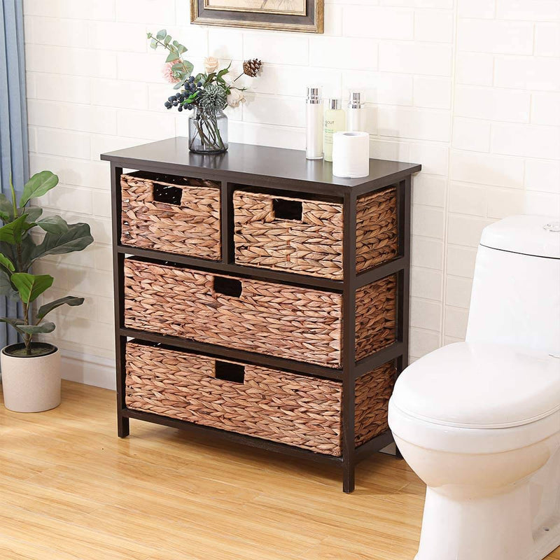 3 Tier with 4 Rattan Wicker Basket Storage Tower, Water Hyacinth Storage Tower Beside Table Storage Organizer End Table for Bathroom