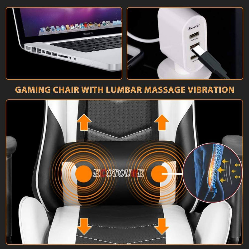 Gaming Chair Massage Ergonomic Office Chair High Back Computer Chair Racing PU Leather Recliner with Headrest & Lumbar Pillow, Black & White