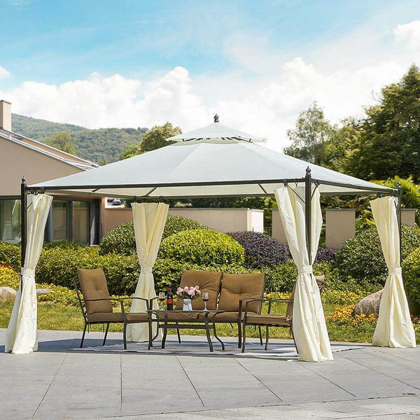 10 x 12 FT Double-Roof Softtop Gazebo Canopy, Outdoor Steel Frame Gazebo with Shade Curtains, Cream