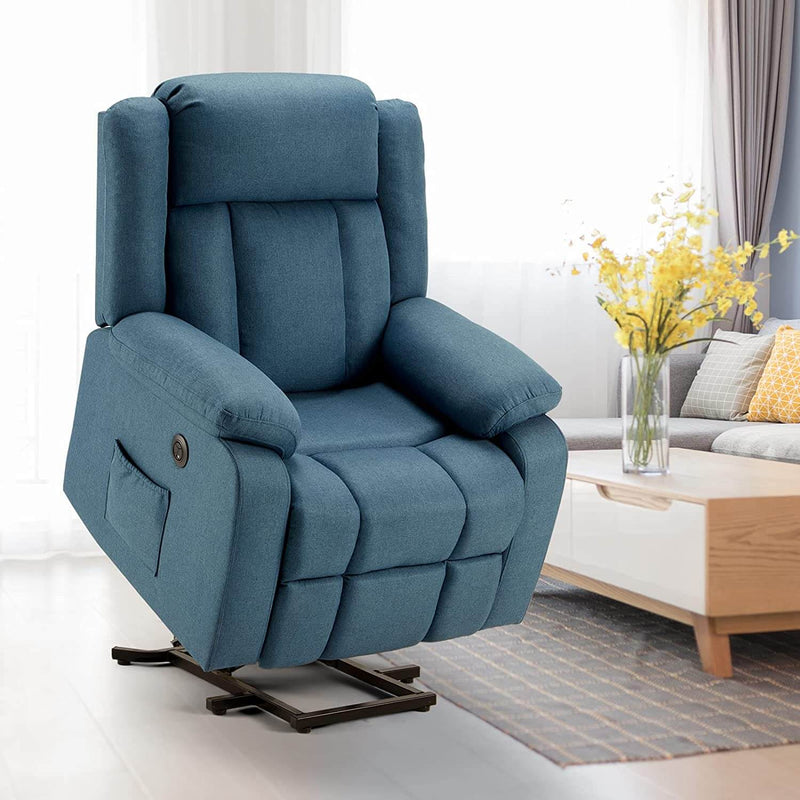 Power Lift Recliner Chair with Massage & Heat, Linen Fabric Electric Recliner Lift Chair with 2 Side Pockets & USB Port (Peacock Blue)