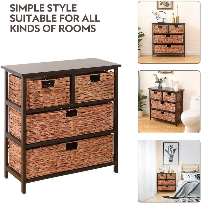 3 Tier with 4 Rattan Wicker Basket Storage Tower, Water Hyacinth Storage Tower Beside Table Storage Organizer End Table for Bathroom