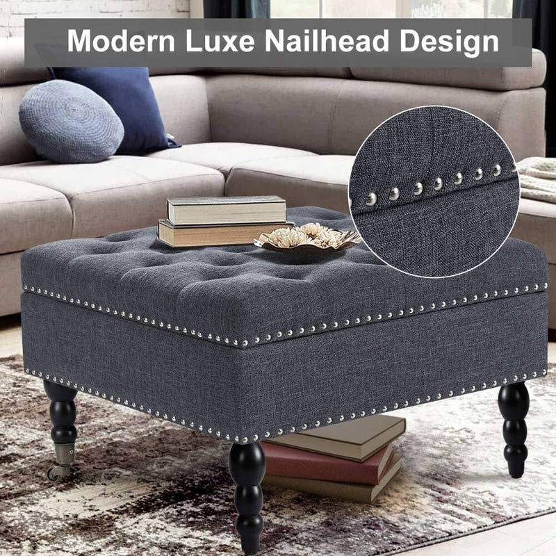 29 Square Tufted Button Storage Ottoman Table Bench with Rolling