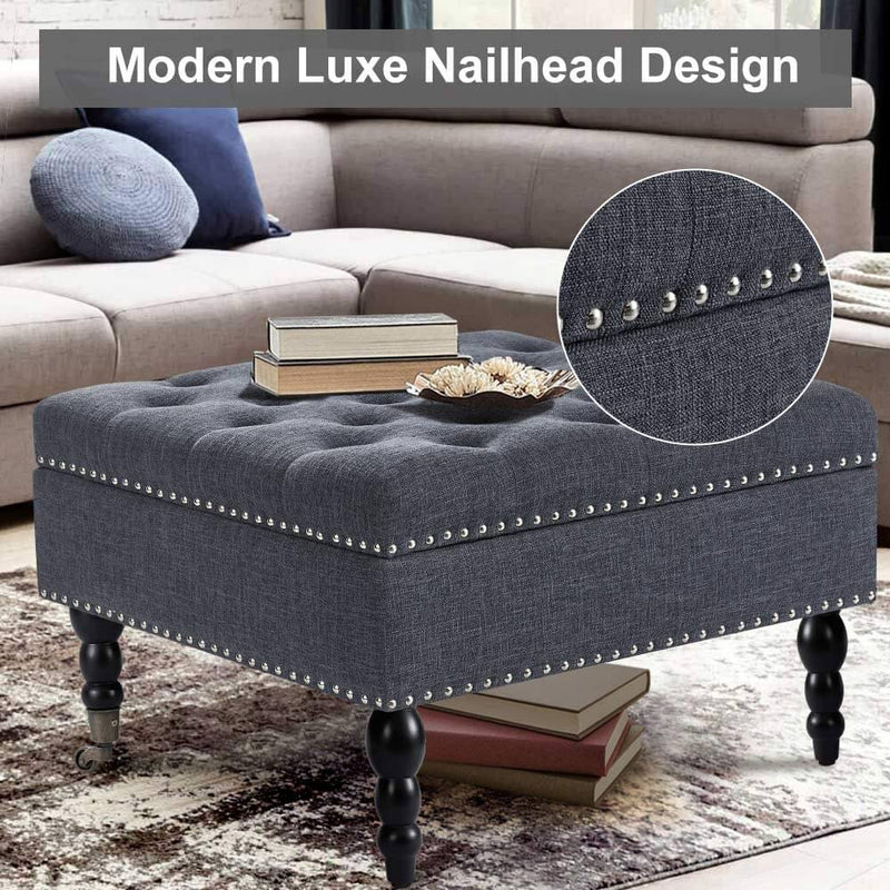 29" Square Tufted Button Storage Ottoman Table Bench with Rolling Wheels Nailhead Trim Linen Fabric Foot Rest Stool/Seat for Bedroom, living Room and Hallway (Gray)