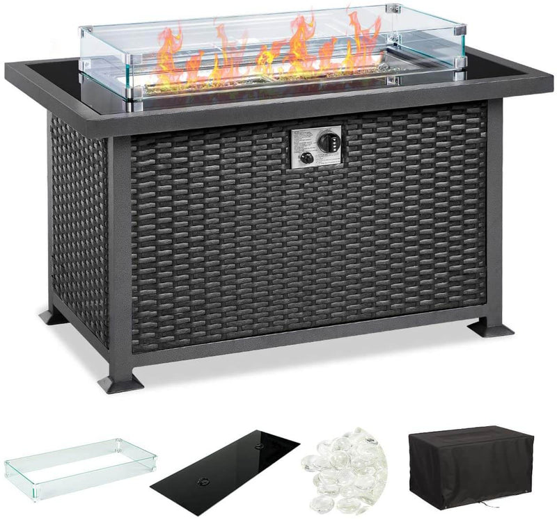 44in Propane Gas Fire Pit Table, Auto-Ignition Gas Firepit with Glass Windguard, Black Tempered Glass Tabletop & Glass Stone, Black Rattan