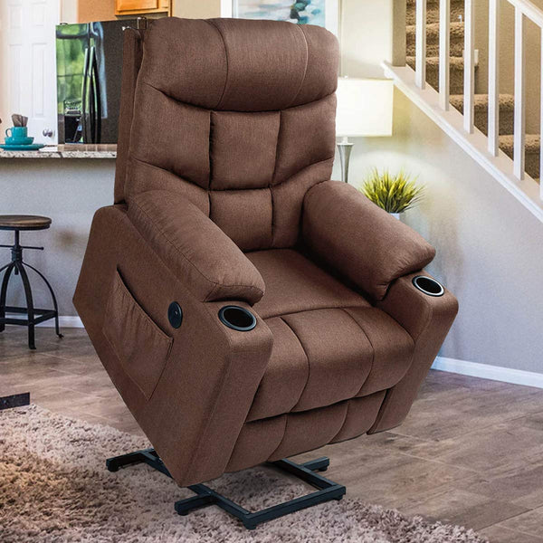 Power Lift Chair Electric Recliner for Elderly Heated Vibration Fabric Sofa Motorized Living Room Chair with Side Pocket and Cup Holders, Brown