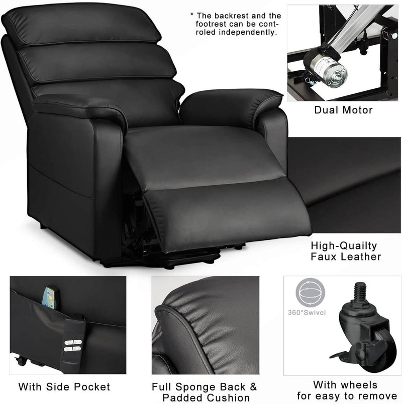 Electric Power Recliner Lift Chair Dual Motor Faux Leather Electric Recliner for Elderly, Heated Vibration Massage Sofa with Side Pockets & Remote Control, Black