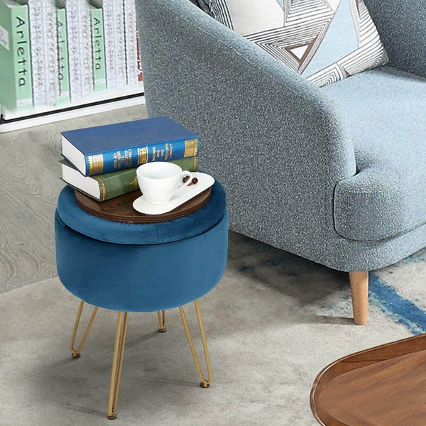Velvet Footrest Storage Ottoman Round Modern Upholstered Vanity Footstool Side Table Seat Dressing Chair with Golden Metal Leg, Blue