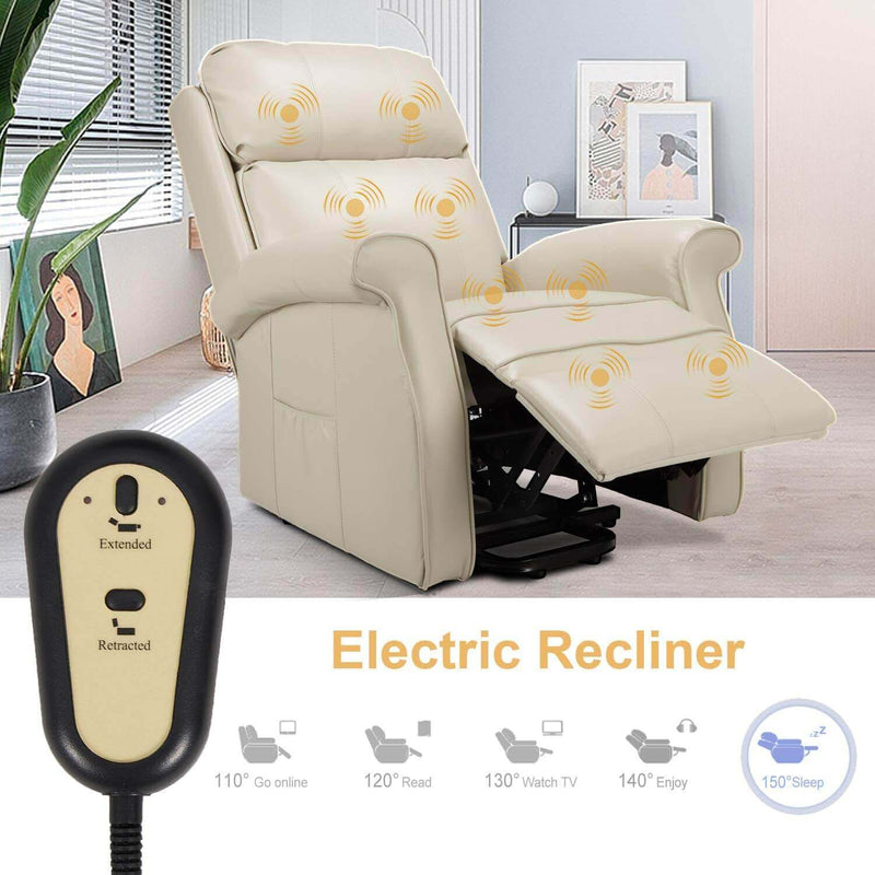 Electric Power Lift Recliner Chair, Faux Leather Electric Recliner for Elderly with Heated Vibration Massage, Side Pocket & Remote Control, White