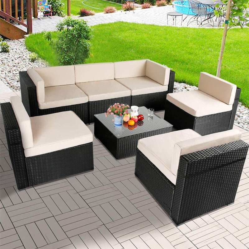 7 Piece Outdoor Patio Furniture Set, PE Rattan Wicker Sofa Set, Outdoor Sectional Furniture Chair Set with Cushions and Tea Table, Black