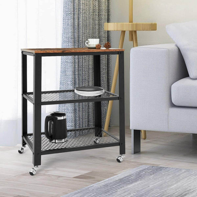 Industrial Kitchen Cart 3-Tier, Rolling Serving Cart on Wheels with Storage, Microwave Cart for Kitchen, Vintage Brown