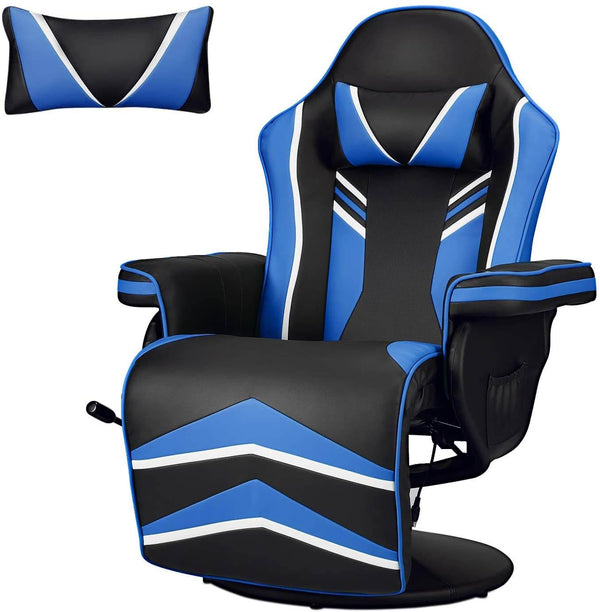 Gaming Chair Recliner Ergonomic Racing Chair with Vibration Massage Adjustable Backrest and Footrest, Swivel Faux Leather Office Chair, Blue