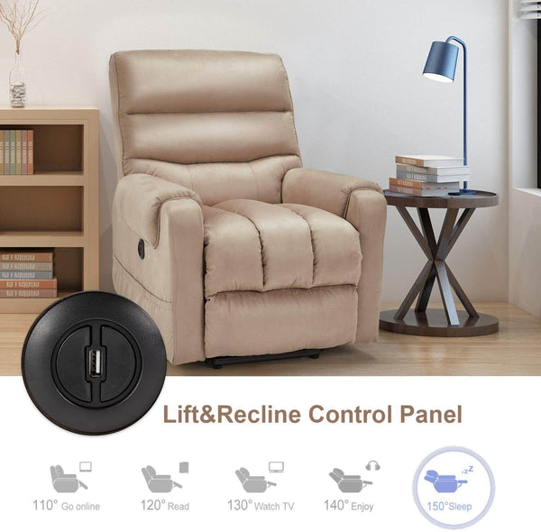 Electric Power Lift Recliner Chair Recliner Sofa for Elderly, Microfiber Recliner Chair with Heated Vibration Massage, 2 Side Pockets and USB Ports, Beige