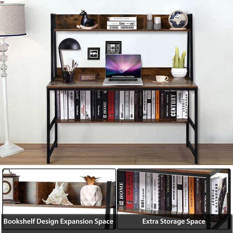 55'' Computer Desks Writing Study Table with Hutch & Bookshelf, Rustic Brown