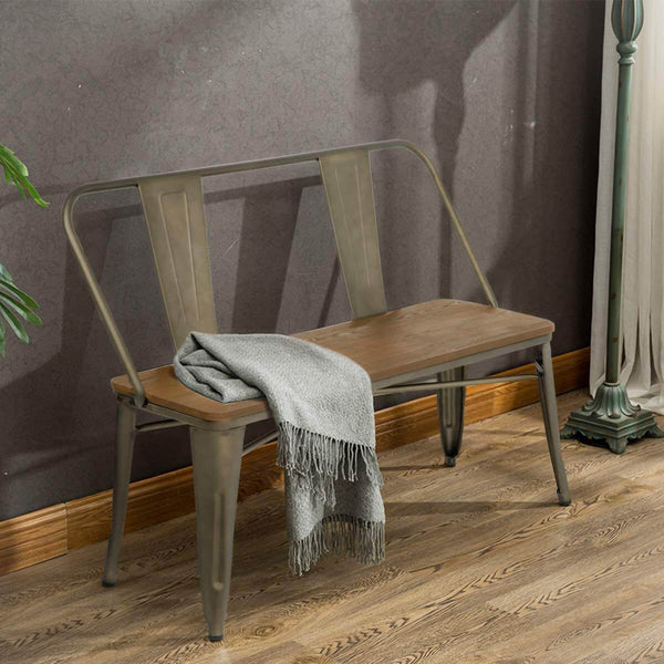 Homhum Metal Bench Industrial Mid-Century 2 Person Chair with Wood Seat, Dining Bench with Floor Protector, Copper