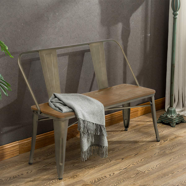 Industrial Metal Bench Wood Seat with Floor Protector