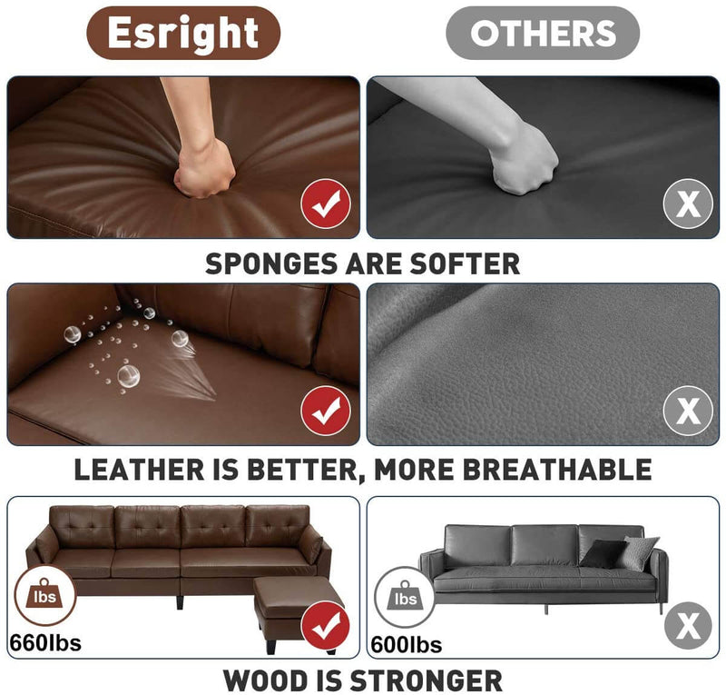 4-Seat Sectional Sofa Convertible Couch Brown Faux Leather Reversible L-Shape Couch for Living Room, Living Room Furniture Sets with Chaise Lounge for Apartment