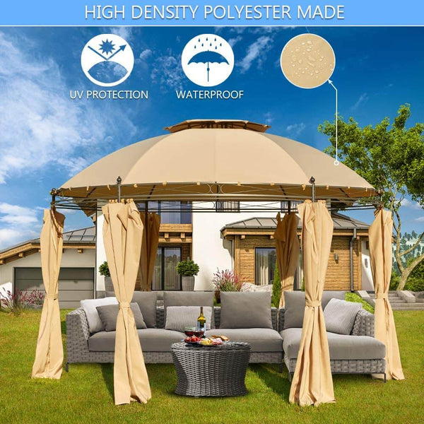 11.5ft Outdoor Patio Softtop Gazebo Steel Frame Round Gazebo Canopy Anti-UV Dome with Ground Stake & Removable Curtains, Beige