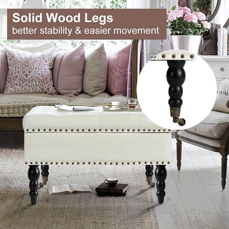 29" Square Tufted Button Storage Ottoman Table Bench with Rolling Wheels Nailhead Trim Linen Fabric Foot Rest Stool/Seat for Bedroom, living Room and Hallway (Beige)