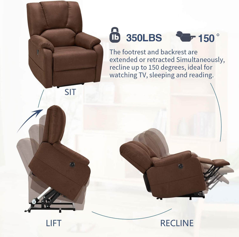 Electric Power Lift Recliner Chair Sofa with Massage and Heat for Elderly, Microfiber Recliner Chair with Side Pockets & USB Port, Brown