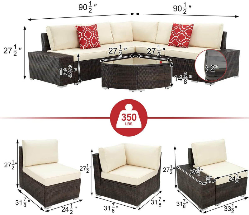 6 Pcs Outdoor Sectional Furniture Set, Patio PE Rattan All Weather Wicker Sofa Set with Cushions Arc-Shaped Table, Brown