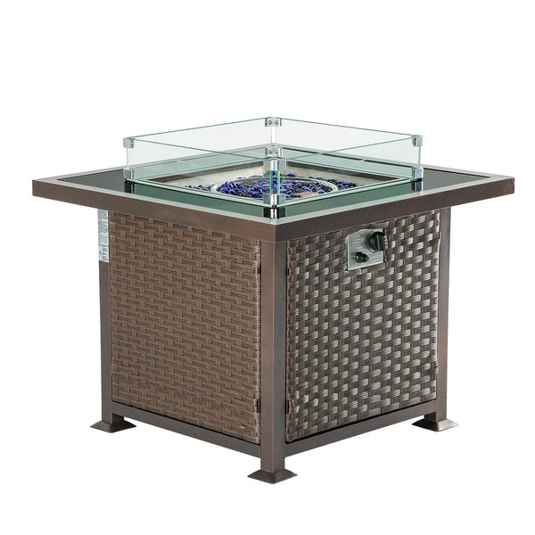 32'' Propane Gas Fire Pits Table, Auto-Ignition Gas Firepit with Glass Wind Guard, Black Tempered Glass Tabletop & Glass Rock, Brown PE Rattan