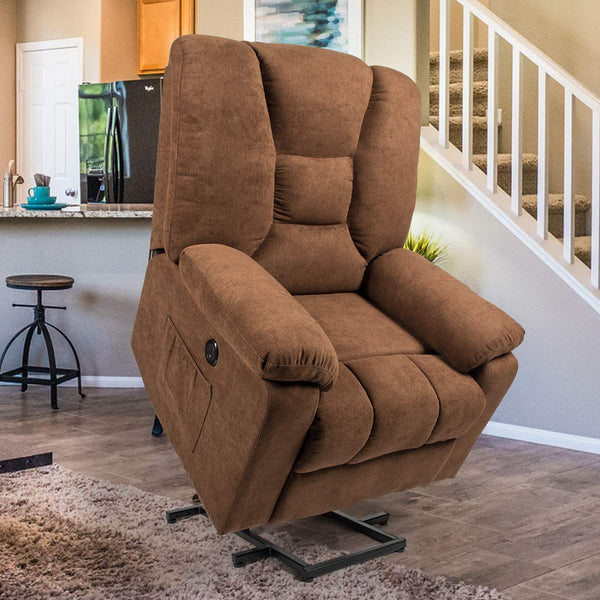 Microfiber Power Lift Electric Recliner Chair with Heated Vibration Massage Sofa Fabric Living Room Chair with 2 Side Pockets, USB Charge Port & Remote Control, Brown