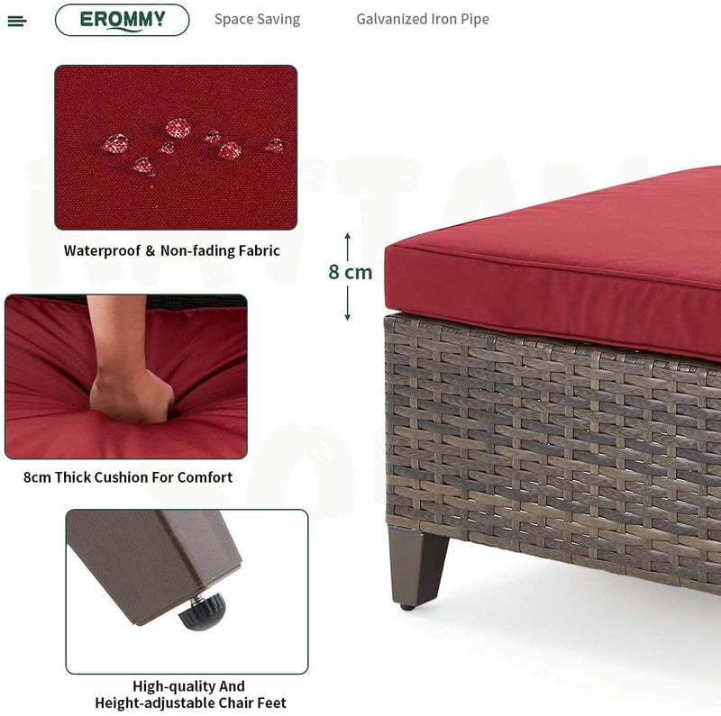 7 Pcs Outdoor Rattan Sectional Sofa Patio Furniture Set w/ Ottomans, Red Cushion & Tea Table