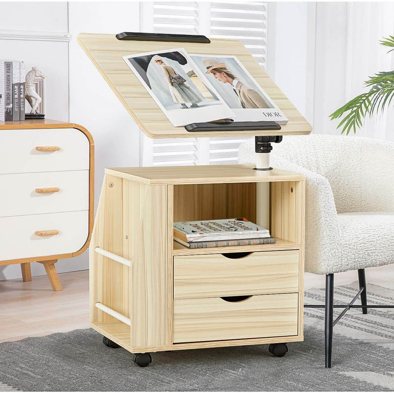 Bedside Table Height Adjustable End Table, Wooden Nightstand with Swivel Top, Storage Drawers & Universal Wheels, White Maple