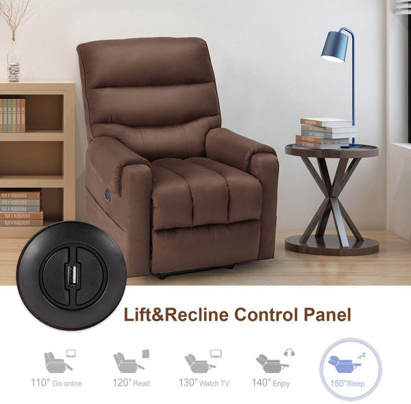 Electric Power Lift Recliner Chair Recliner Sofa for Elderly, Microfiber Recliner Chair with Heated Vibration Massage, 2 Side Pockets and USB Ports, Brown